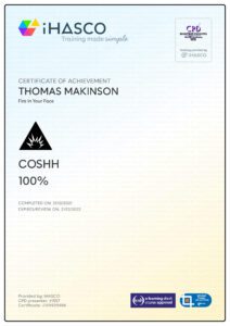 COSHH certificate for safe handling of fire performance materials