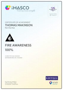 Fire Awareness safety certificate held by Fire In Your Face instructors