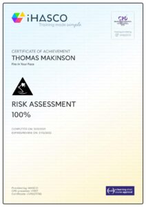 Risk Assessment certificate ensuring workshop safety standards