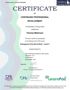 First Aid Level 3 qualification certificate for fire workshop instructors