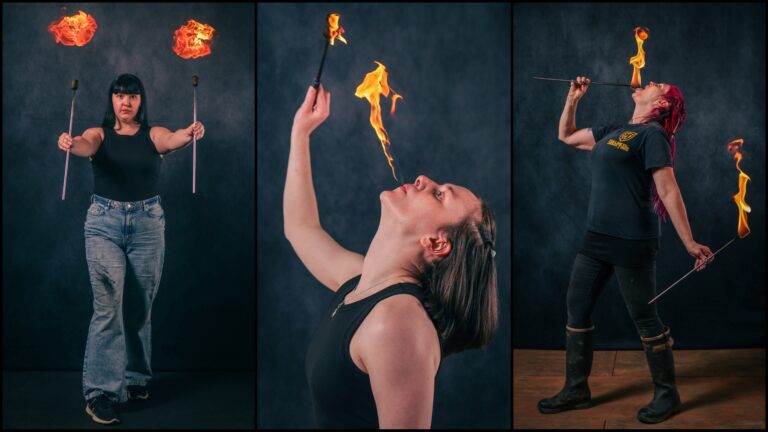 Collage of workshop highlights showing fire eating and vapour techniques
