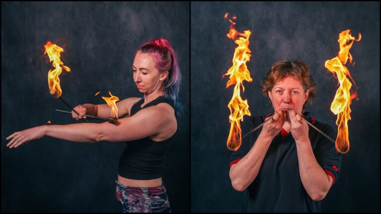 Collage of students building confidence with fire performance skills