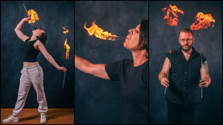 Collage of fire manipulation workshop moments and achievements