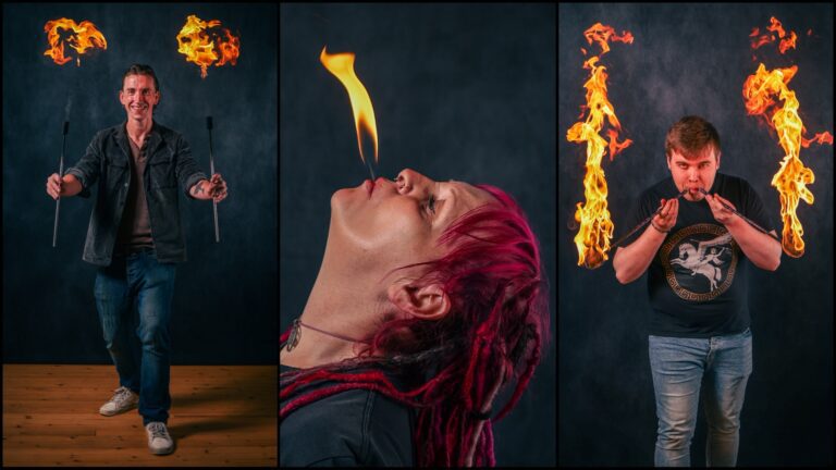 Collage of beginners learning fire eating for the first time