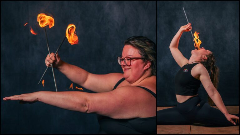 Collage of attendees performing fire body trails during training