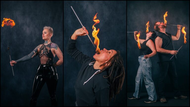 Collage of fire eating students learning vapour techniques