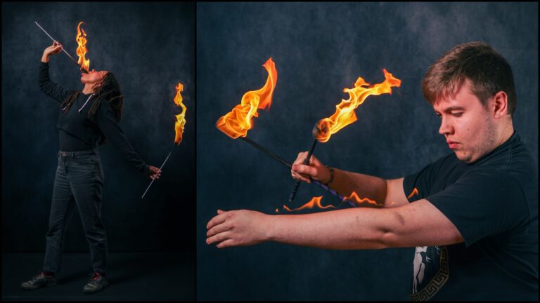 Collage of workshop participants practising fire manipulation techniques