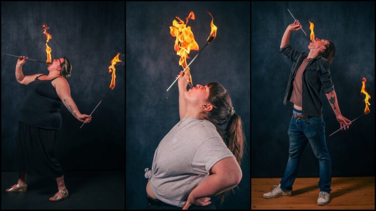 Collage of students celebrating after completing the fire eating workshop