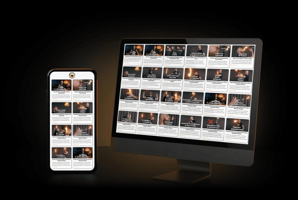 Tom Makinson teaching fire eating online at the Fire In Your Face Academy