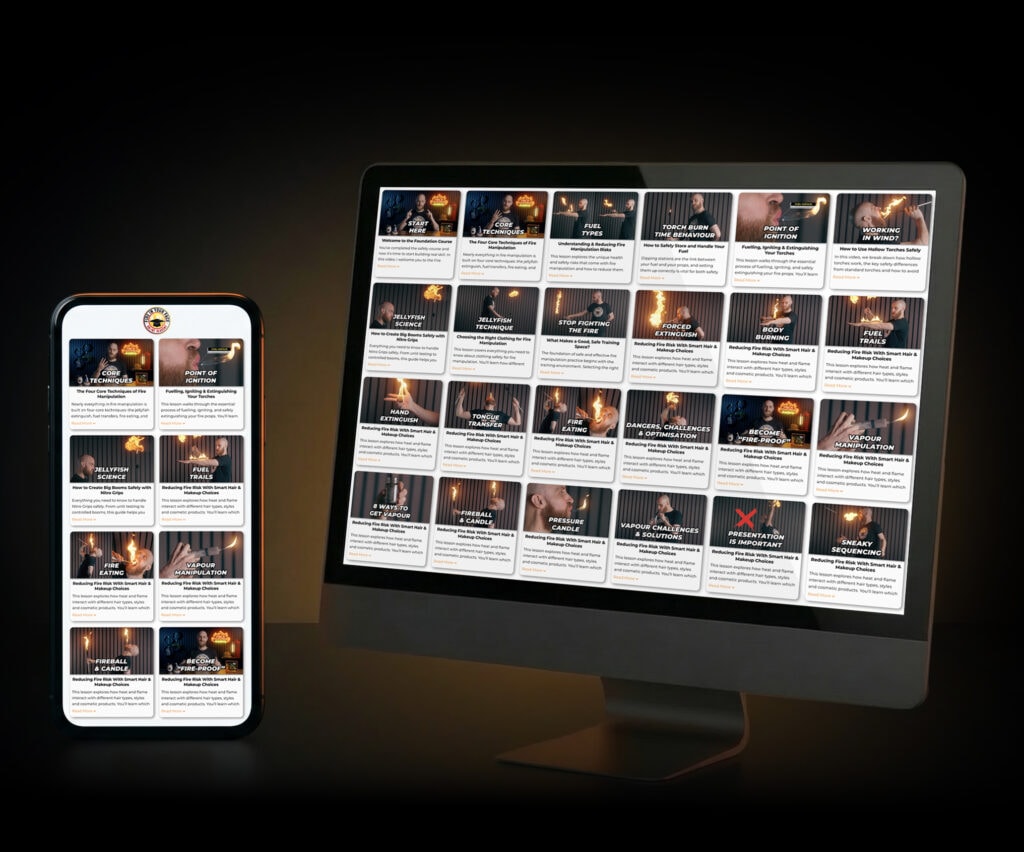 Tom Makinson demonstrating fire eating techniques — Fire In Your Face Academy